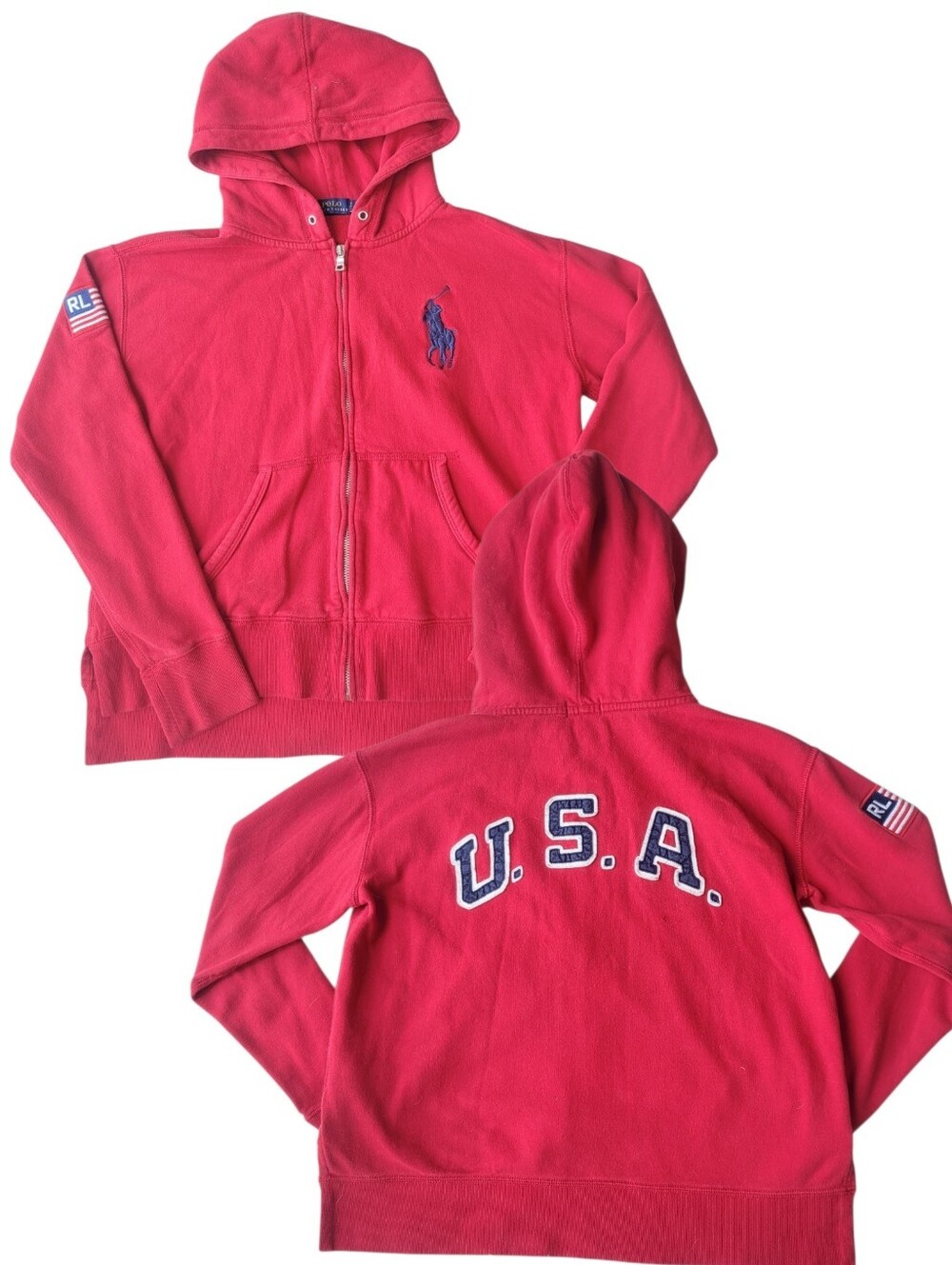 Vintage Polo Ralph Lauren Big Pony Spellout Team USA Zip Up Hoodie Sweatshirt SM